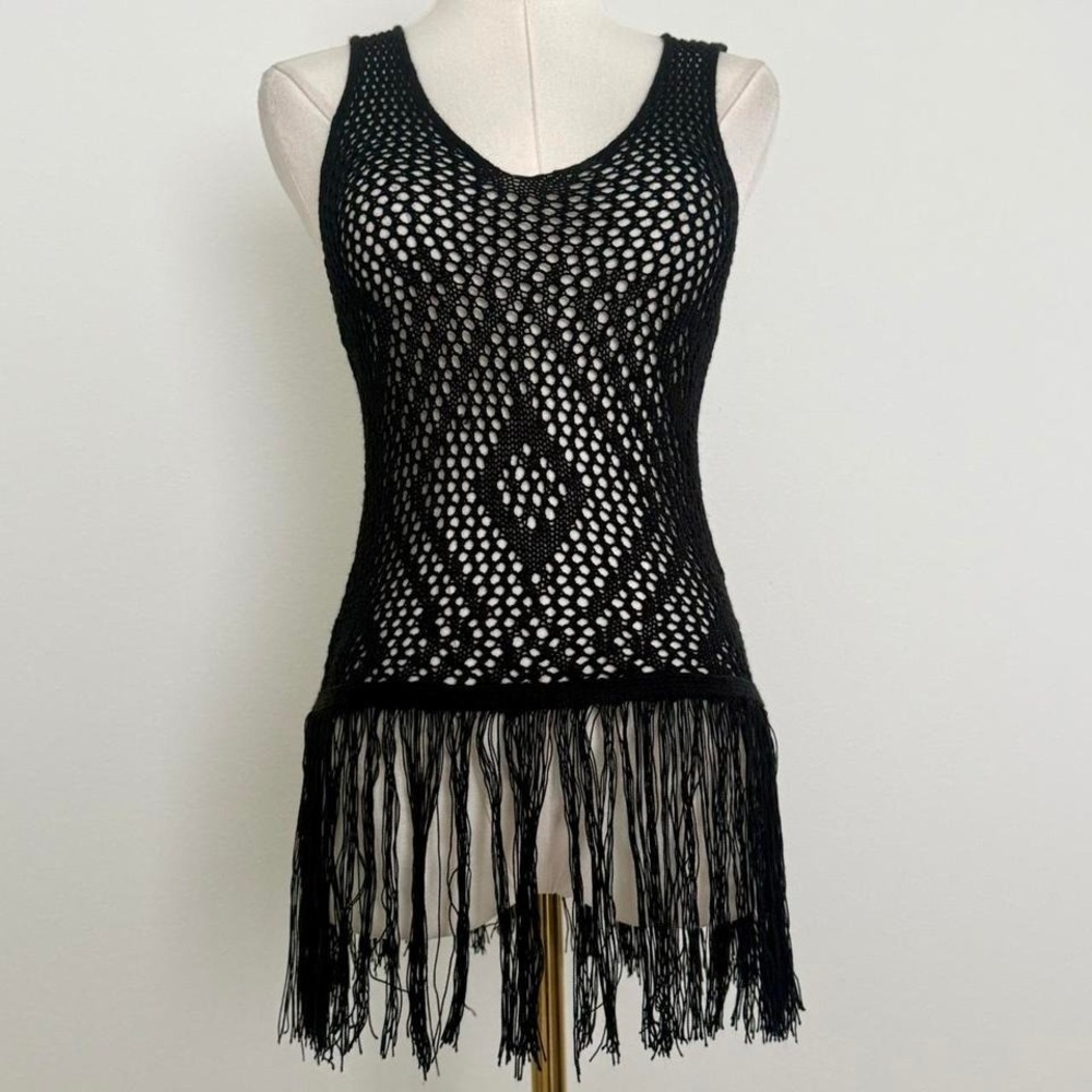 Festival Black Crochet Fringe Top Sz Small Indie Alt Edgy Boho Western